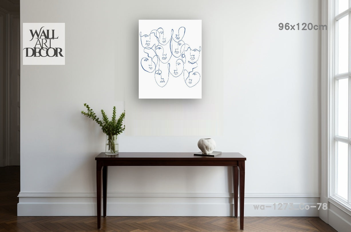 تعابير أثيرية: فن الوجه بخط أزرق واحد – لوحة جدارية حديثة بدون إطار