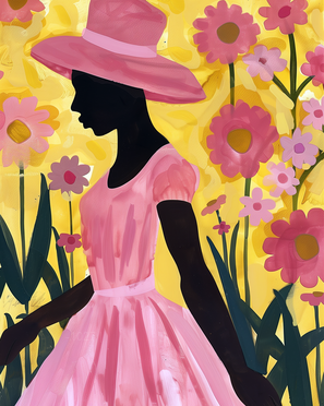 أحمر الخدود الاستوائي: صورة ظلية لحديقة الزهور – لوحة جدارية عصرية بدون إطار