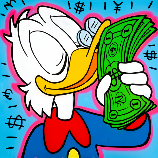 الثروة والذكاء: فن البوب ​​النقدي لشخصية سكروج ماكداك - لوحة جدارية حديثة بدون إطار