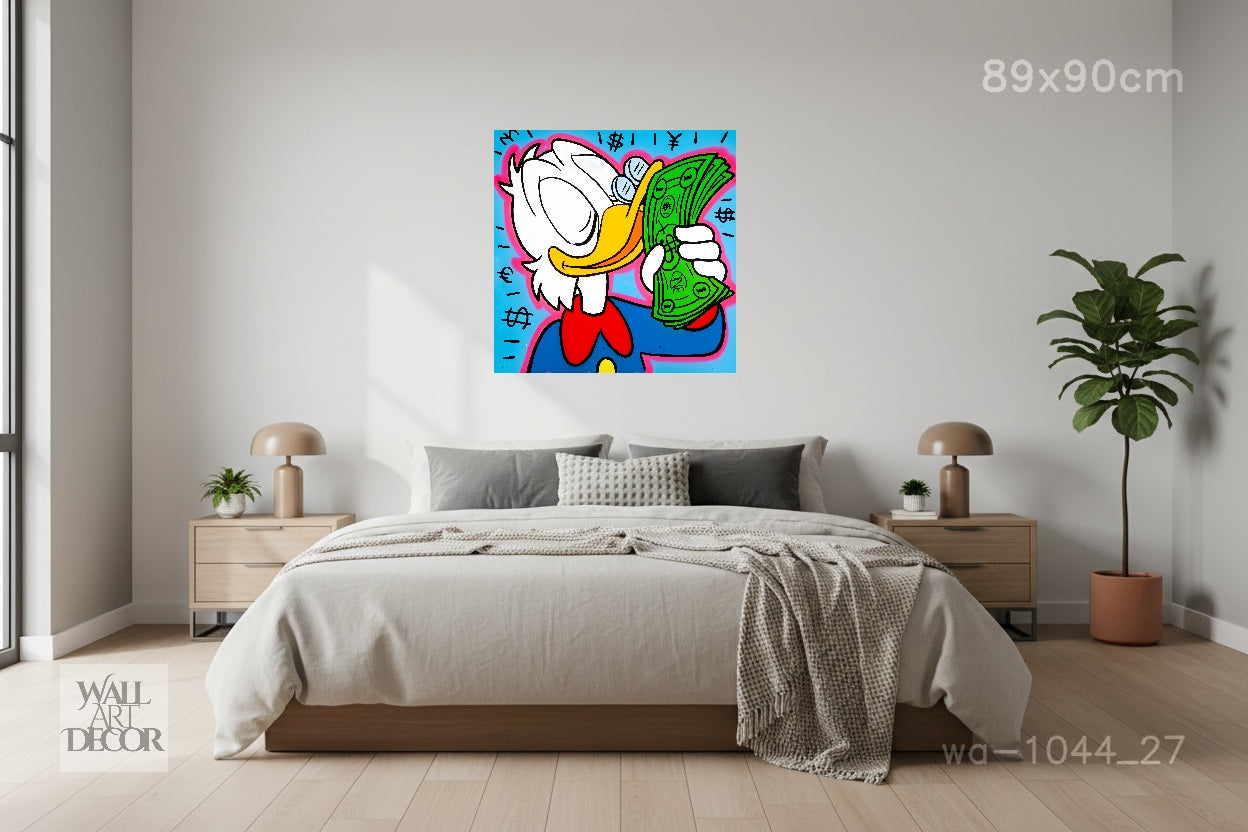 الثروة والذكاء: فن البوب ​​النقدي لشخصية سكروج ماكداك - لوحة جدارية حديثة بدون إطار