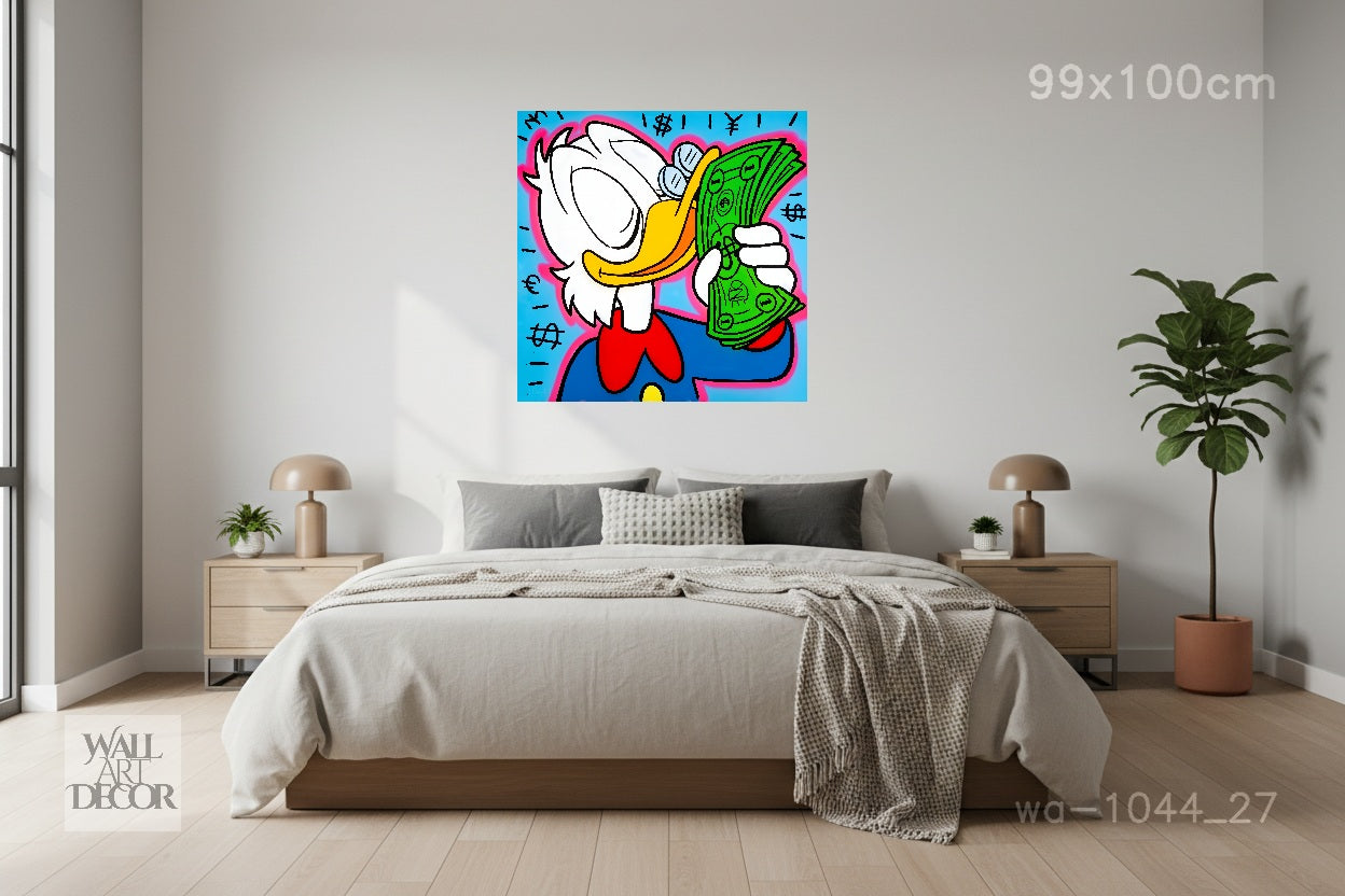 الثروة والذكاء: فن البوب ​​النقدي لشخصية سكروج ماكداك - لوحة جدارية حديثة بدون إطار