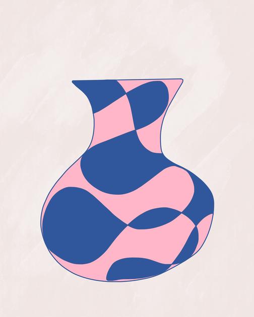 فن جداري معاصر يوناني: مزهرية تجريدية باللونين الوردي والأزرق - فن جداري حديث بدون إطار