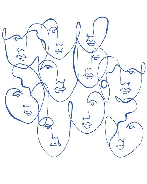 تعابير أثيرية: فن الوجه بخط أزرق واحد – لوحة جدارية حديثة بدون إطار