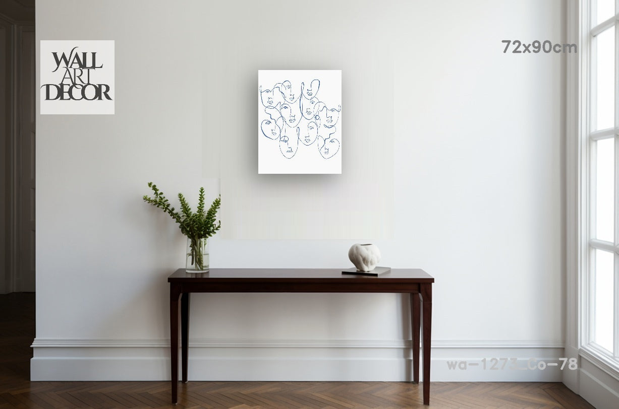 تعابير أثيرية: فن الوجه بخط أزرق واحد – لوحة جدارية حديثة بدون إطار