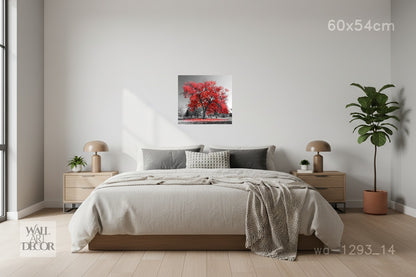 روح قرمزية: شجرة الخريف الحمراء - ألوان مختارة - لوحة جدارية عصرية بدون إطار