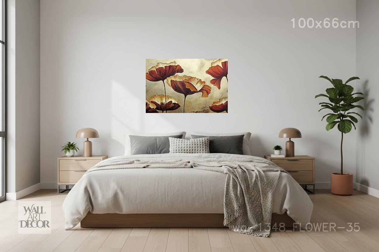 الحصاد الذهبي: زهور الخشخاش القرمزية المجردة - لوحة جدارية عصرية بدون إطار