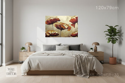 الحصاد الذهبي: زهور الخشخاش القرمزية المجردة - لوحة جدارية عصرية بدون إطار