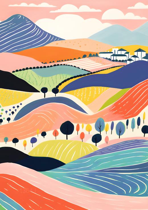 آفاق الباستيل: تلال متدحرجة ساحرة – لوحات جدارية حديثة بدون إطار