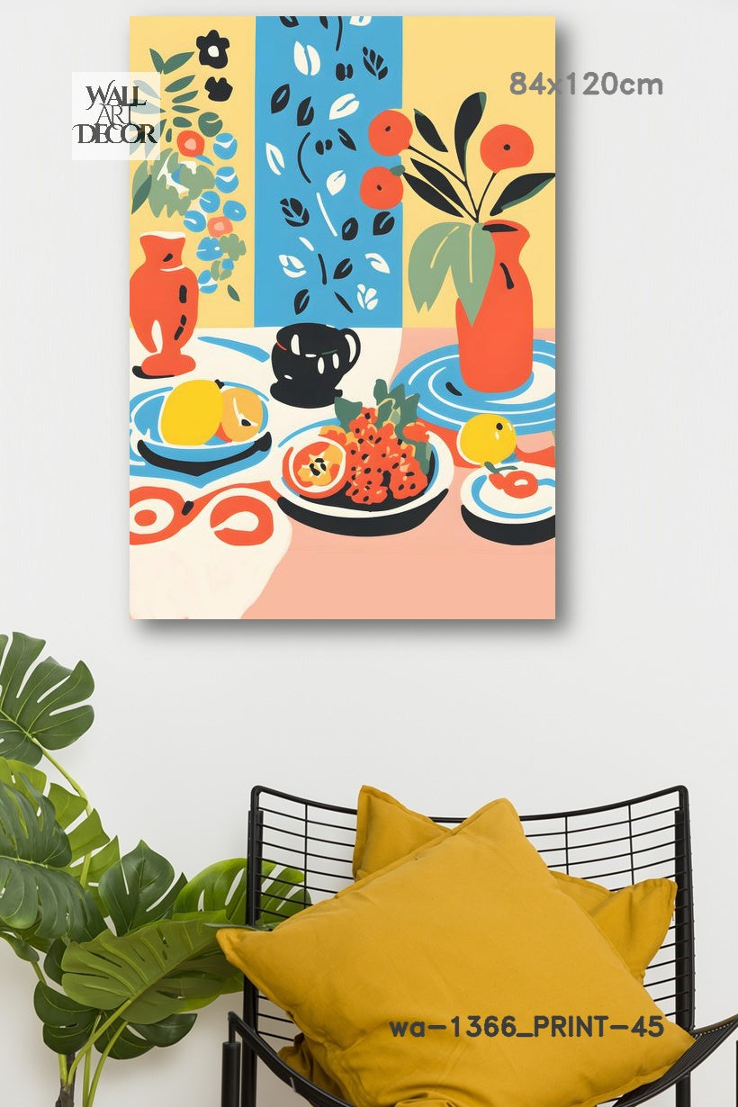 الحمضيات والسكينة: لوحة فنية جدارية حديثة بدون إطار - طبيعة صامتة متوسطية