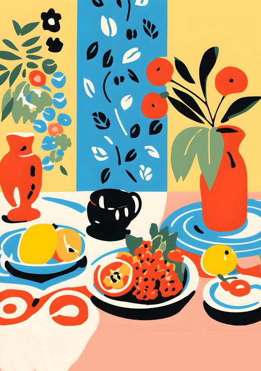 الحمضيات والسكينة: لوحة فنية جدارية حديثة بدون إطار - طبيعة صامتة متوسطية