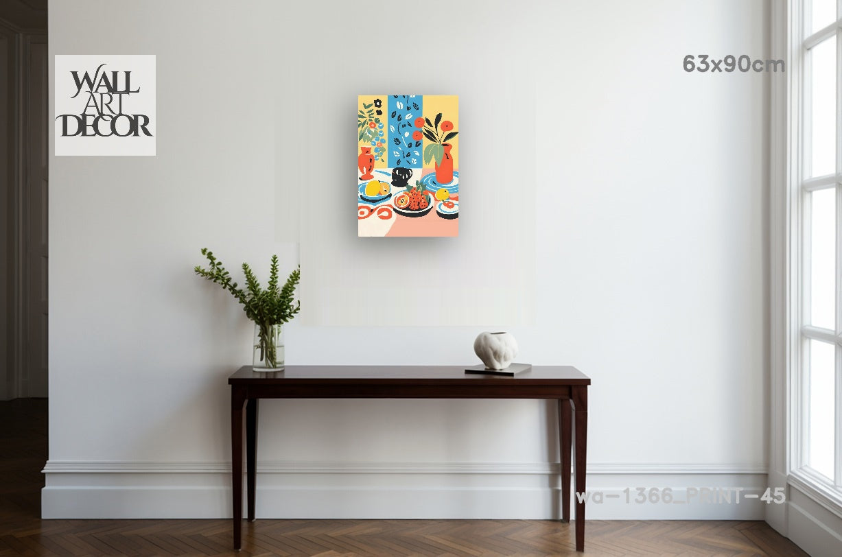 الحمضيات والسكينة: لوحة فنية جدارية حديثة بدون إطار - طبيعة صامتة متوسطية