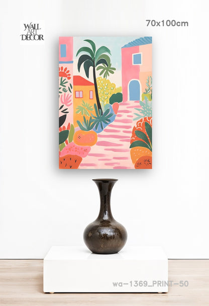 زقاق أزور: نعيم البحر الأبيض المتوسط ​​الوردي - لوحة جدارية عصرية بدون إطار