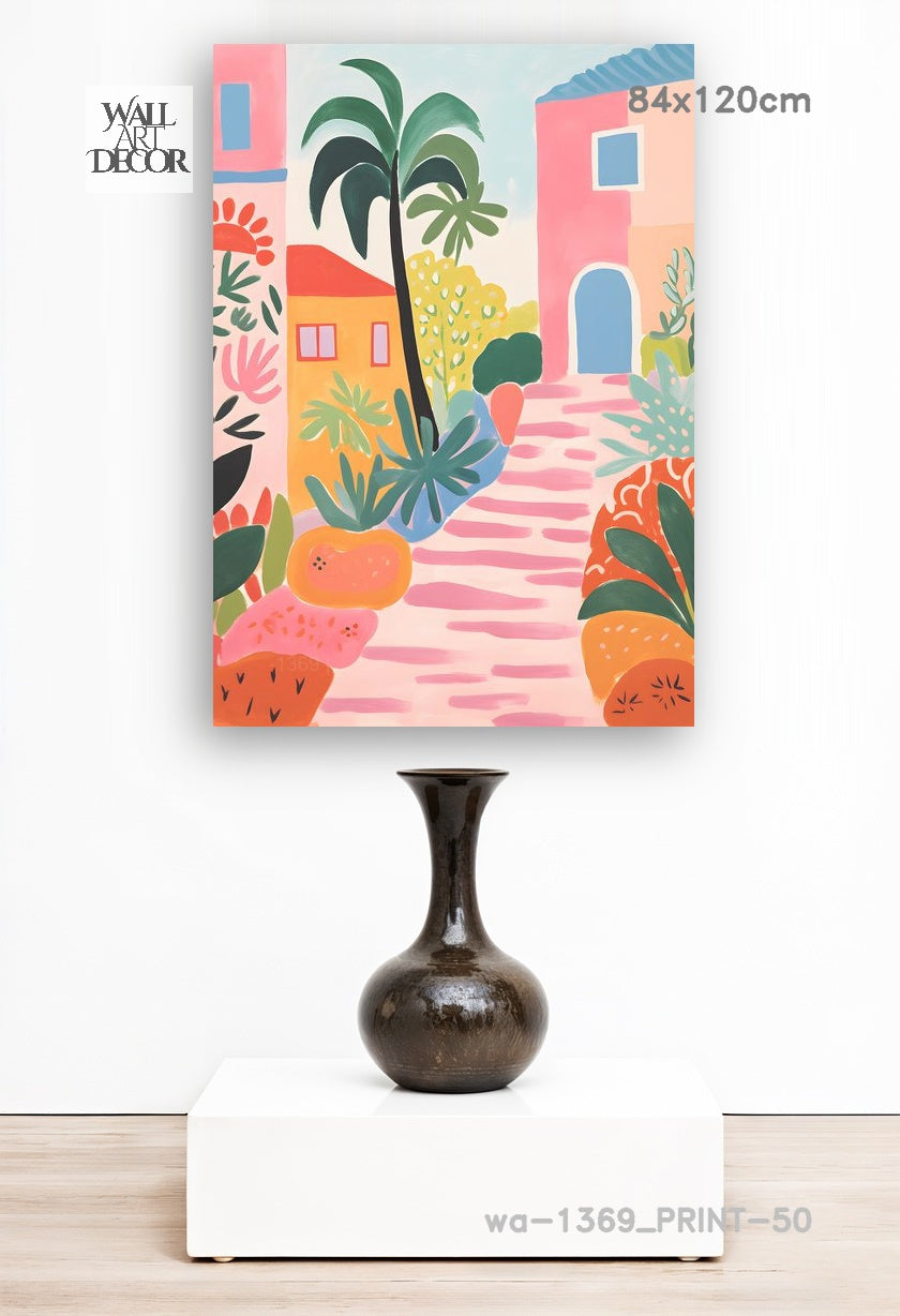 زقاق أزور: نعيم البحر الأبيض المتوسط ​​الوردي - لوحة جدارية عصرية بدون إطار