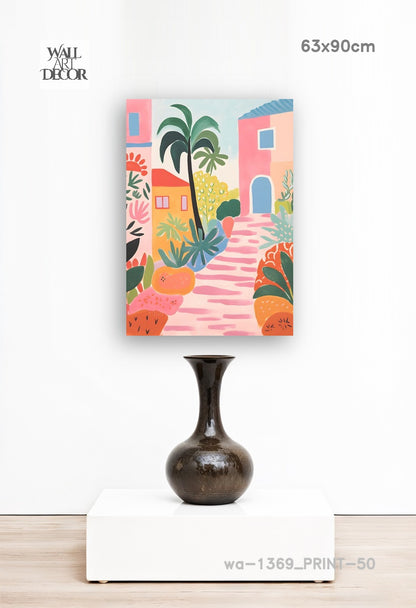 زقاق أزور: نعيم البحر الأبيض المتوسط ​​الوردي - لوحة جدارية عصرية بدون إطار