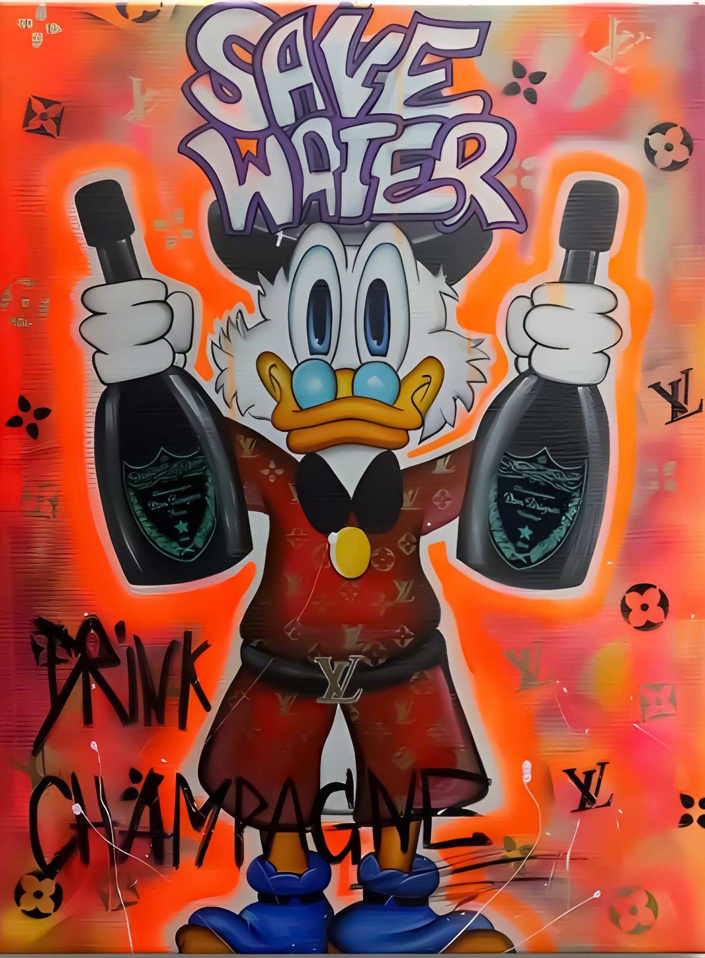 Scrooge graffiti street art save the water, drink the champagne Motivational Canvas Wall Art Print