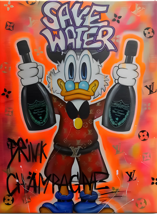 Scrooge graffiti street art save the water, drink the champagne Motivational Canvas Wall Art Print