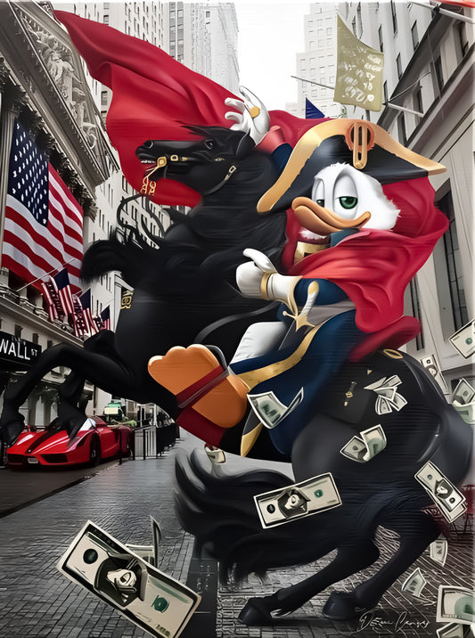 There is a statue of Donald Duck riding a horse with money  Plexiglass Wall Print
