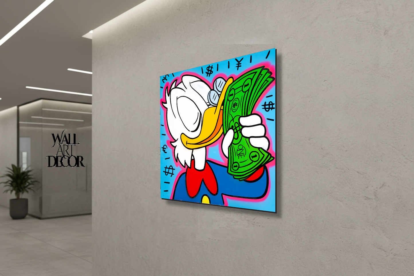 الثروة والذكاء: فن البوب ​​النقدي لشخصية سكروج ماكداك - لوحة جدارية حديثة بدون إطار