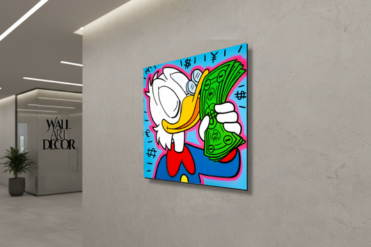 الثروة والذكاء: فن البوب ​​النقدي لشخصية سكروج ماكداك - لوحة جدارية حديثة بدون إطار