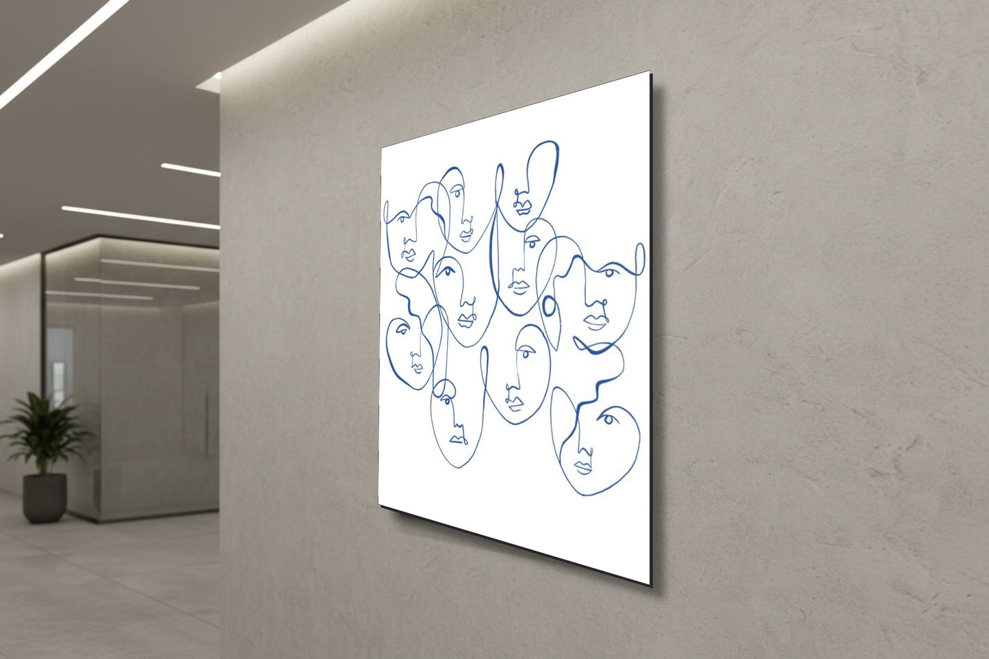 تعابير أثيرية: فن الوجه بخط أزرق واحد – لوحة جدارية حديثة بدون إطار