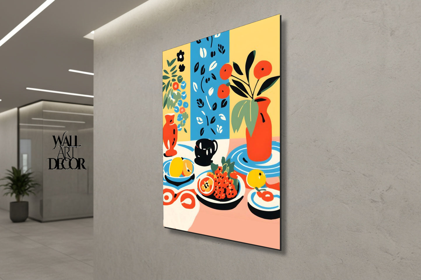 الحمضيات والسكينة: لوحة فنية جدارية حديثة بدون إطار - طبيعة صامتة متوسطية