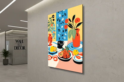 الحمضيات والسكينة: لوحة فنية جدارية حديثة بدون إطار - طبيعة صامتة متوسطية